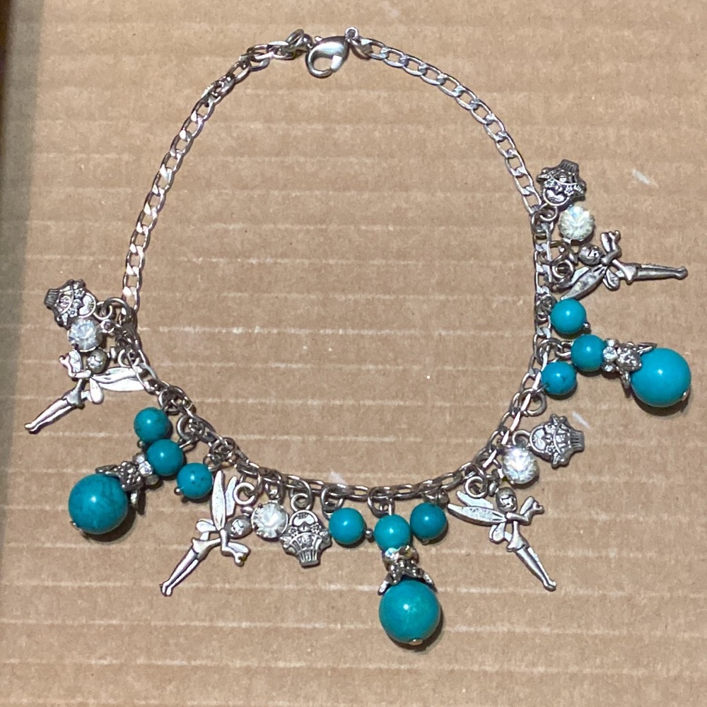 Silver Tone Charms Bracelet Tinkerbell Fairy Rhinestones Blue Stones Baskets
